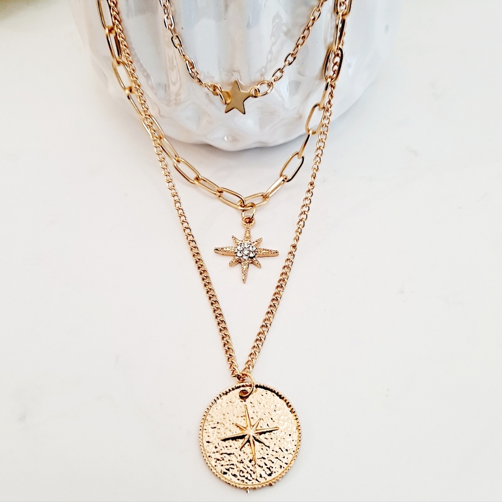 Chunky Gold chain layered boho statement necklace set star pendant charm - Picture 4 of 10